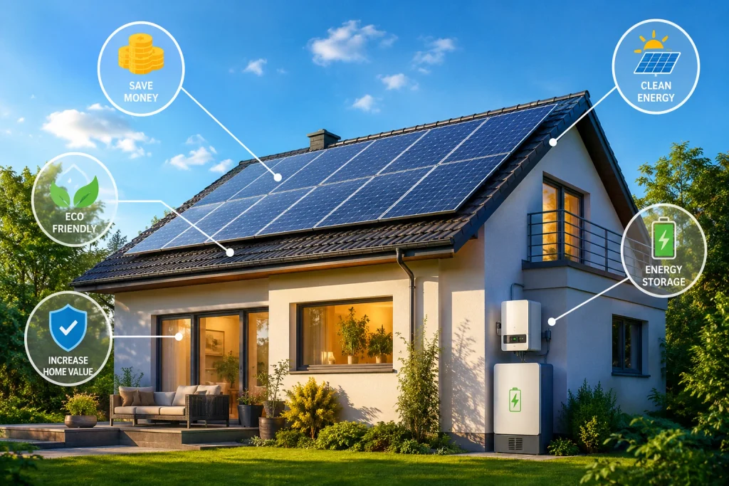 Solar panels installed on the roof of a modern home to generate clean energy
