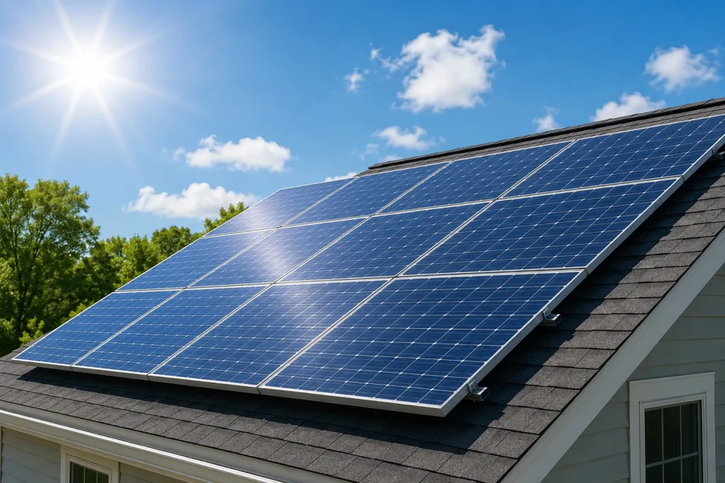 Tesla solar panels installed on the roof of a modern home for clean energy generation