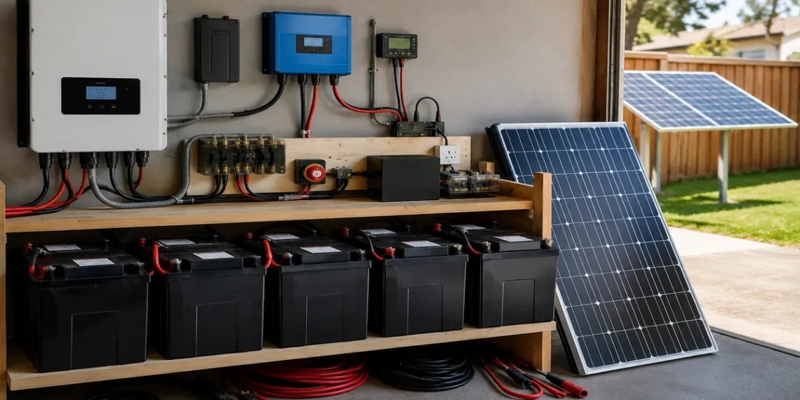 DIY solar battery storage system connected to solar panels for home backup power