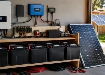 DIY solar battery storage system connected to solar panels for home backup power