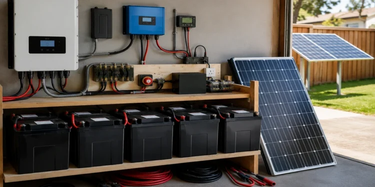 DIY solar battery storage system connected to solar panels for home backup power