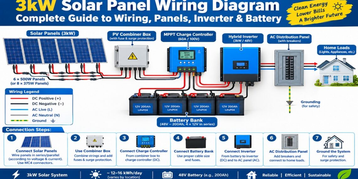 3kW solar panel wiring diagram showing solar panels inverter battery and home electrical panel
