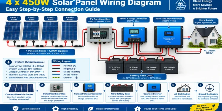 4x 450W solar panel wiring diagram showing series parallel and inverter connections