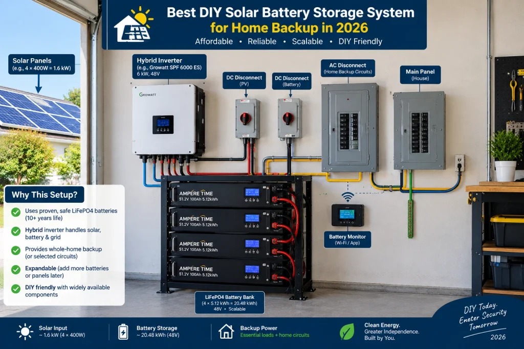 DIY solar battery storage system with LiFePO4 batteries, solar panels, and hybrid inverter for home backup power.