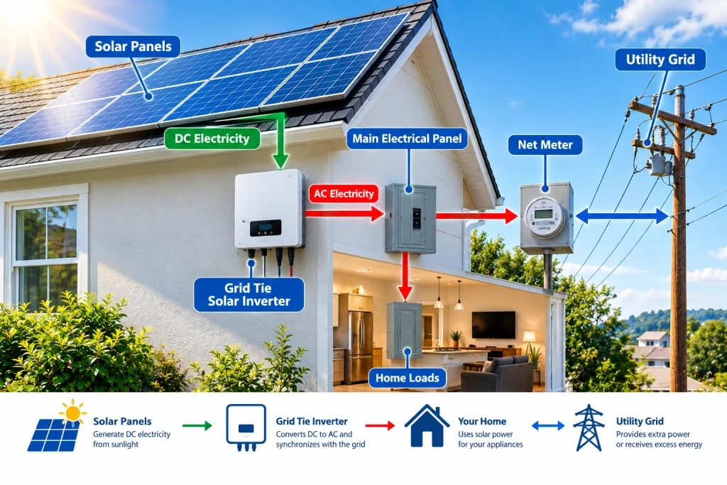 Grid tie solar inverter connected to residential solar panels and the utility grid