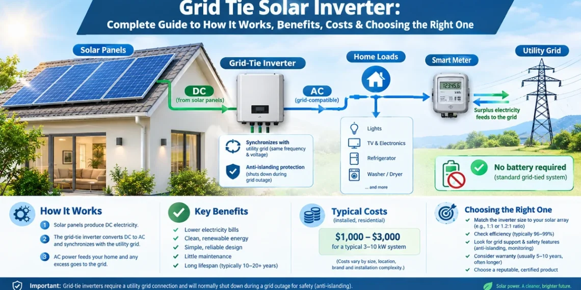 Grid tie solar inverter connected to residential solar panels and the utility grid