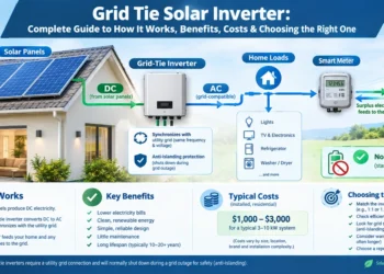 Grid tie solar inverter connected to residential solar panels and the utility grid