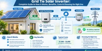 Grid tie solar inverter connected to residential solar panels and the utility grid