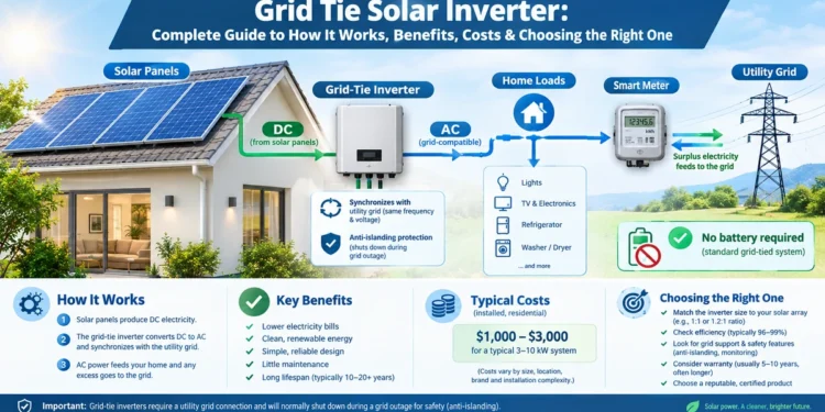 Grid tie solar inverter connected to residential solar panels and the utility grid