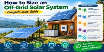 Off-grid solar system with solar panels battery storage and inverter for a home