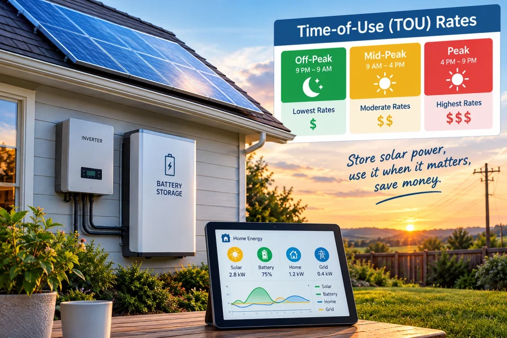 Solar electric battery storage system connected to residential solar panels for home energy storage and backup power