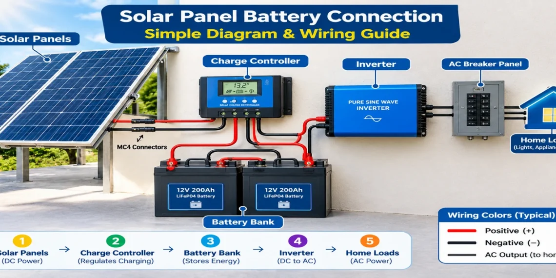 Solar panel battery connection with rooftop solar panels inverter and home battery storage