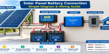 Solar panel battery connection with rooftop solar panels inverter and home battery storage