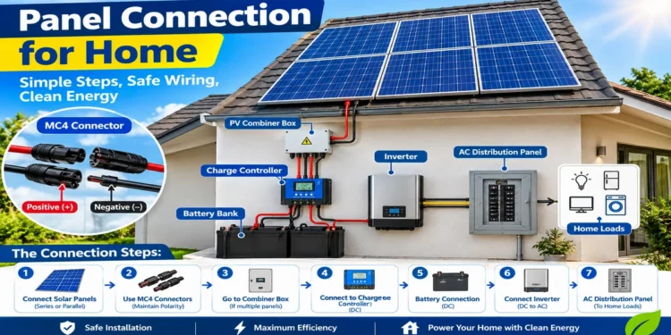 Solar panel connection for home with rooftop panels inverter and electrical panel
