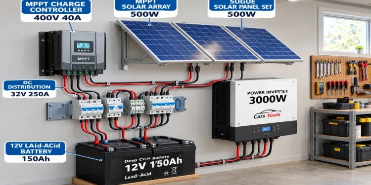 Solar power system with battery storage installed on a modern home