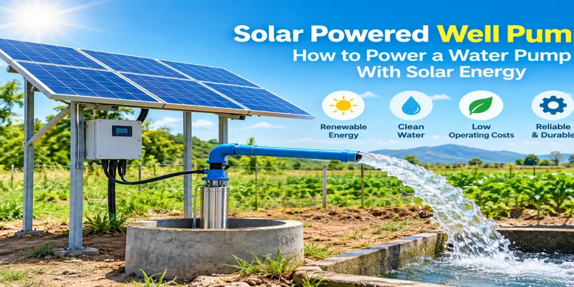 Solar powered well pump with solar panels supplying water to a storage tank