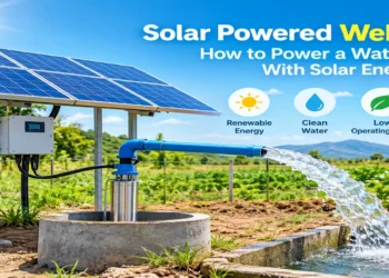 Solar powered well pump with solar panels supplying water to a storage tank