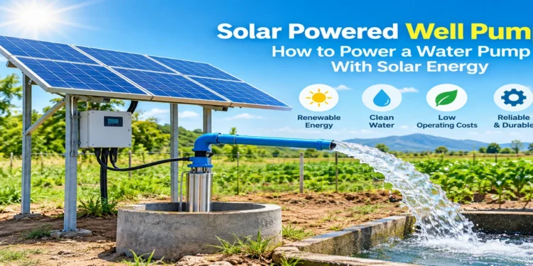 Solar powered well pump with solar panels supplying water to a storage tank